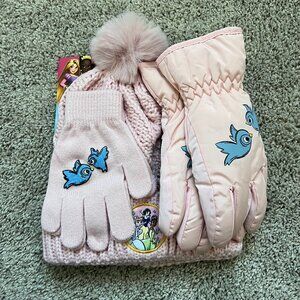 Youth Girl Disney Princess Pink Winter Hat and Gloves & Ski Set – One Size